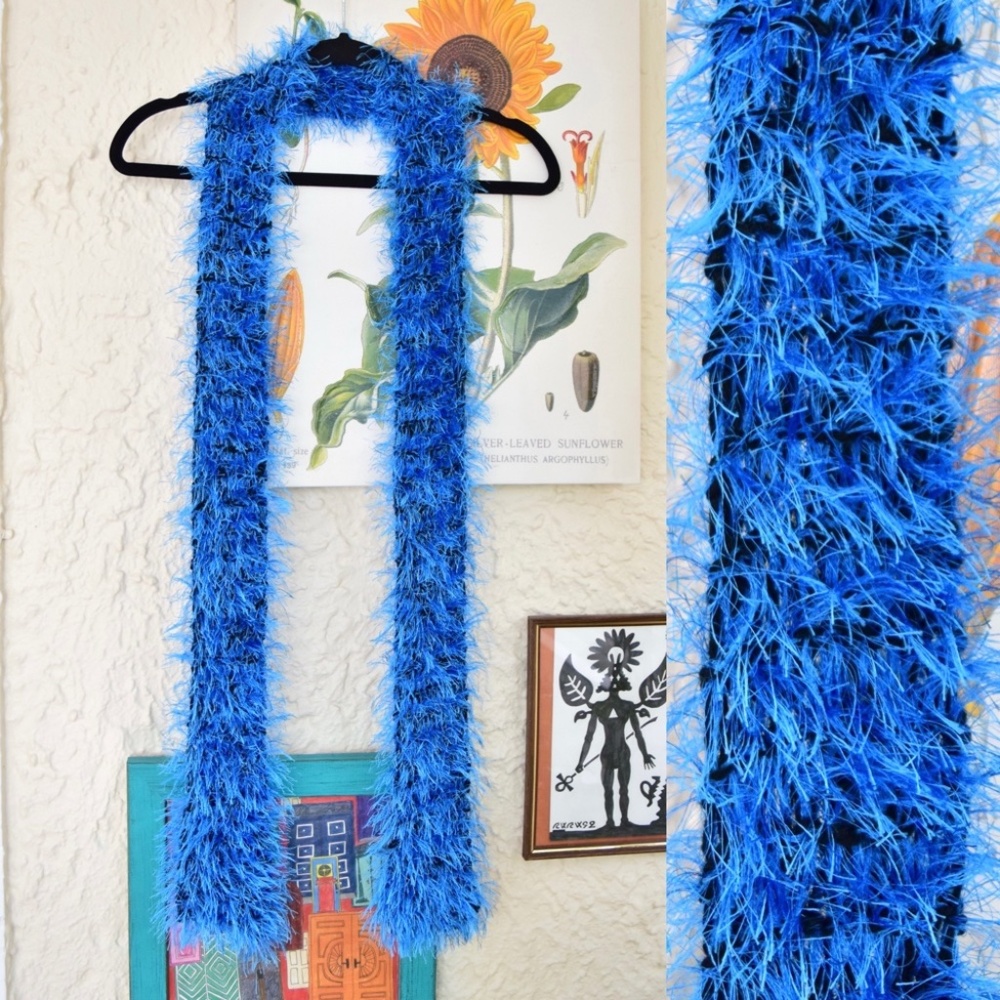 y2k blue black fuzzy knit eyelash yarn thin scarf (OS)